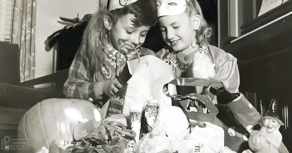 Two children in a home setting with autumnal decorations, wearing plaid shirts and white blouses respectively.