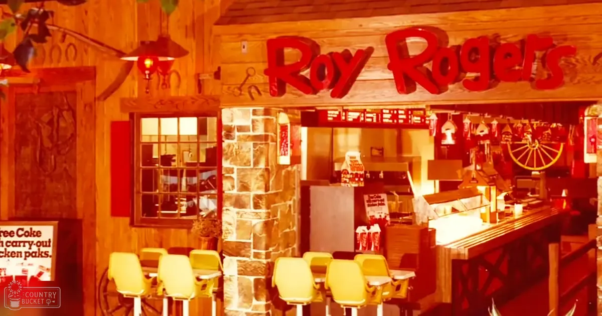 Roy Rogers restaurant interior with rustic decor, mid-20th century furniture, warm lighting, red signage, yellow bar stools.
