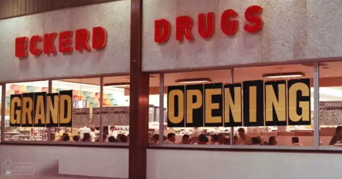 A lively grand opening celebration at Eckerd Drugs with adults dressed in 1970s casual attire, bustling indoors under natural light.