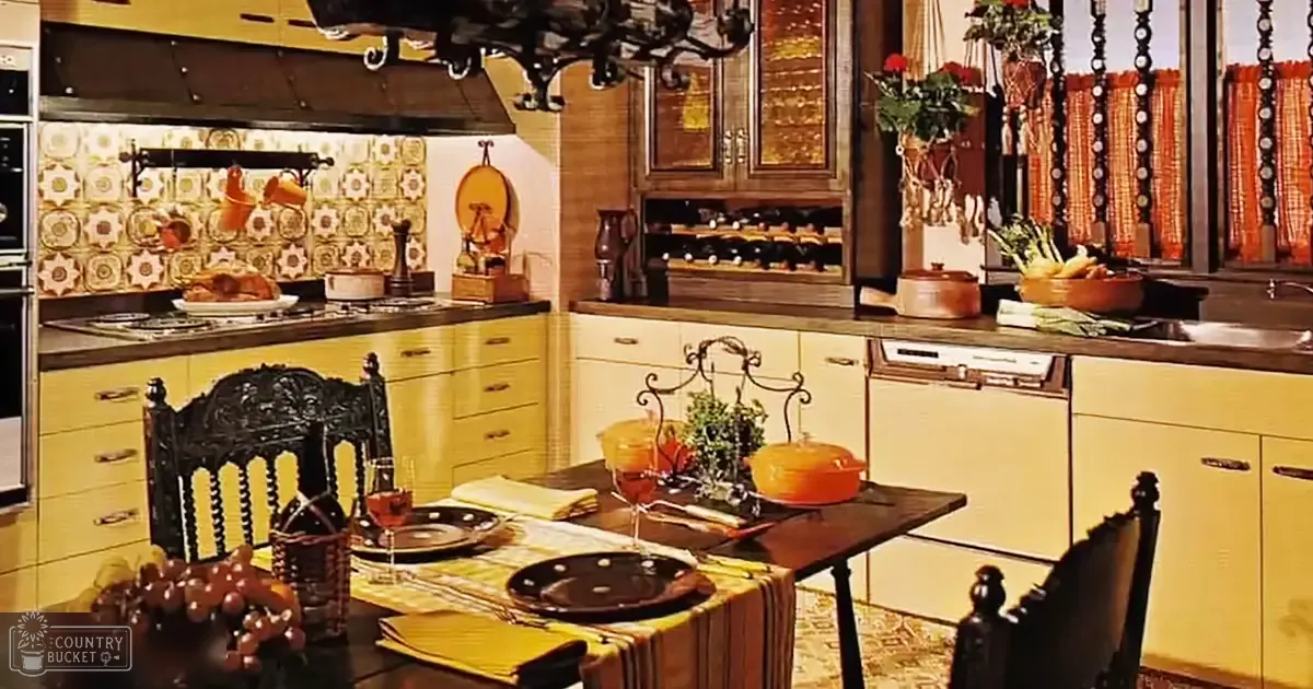 Mid-20th century vintage kitchen with yellow cabinets, patterned wall tiles, ornate wooden chair, and orange curtains. Daytime setting in a home environment.