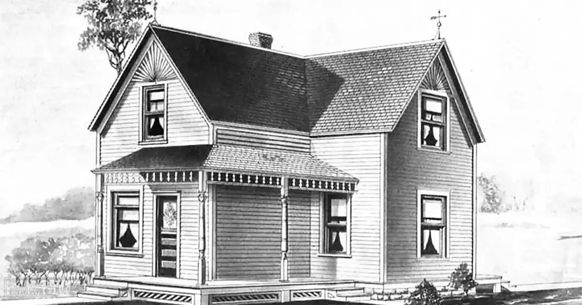 A detailed rendering of a two-story wooden house with gabled roof and decorative trim in a rural setting with trees and open land, likely an architectural drawing from the late 19th to early 20th century.