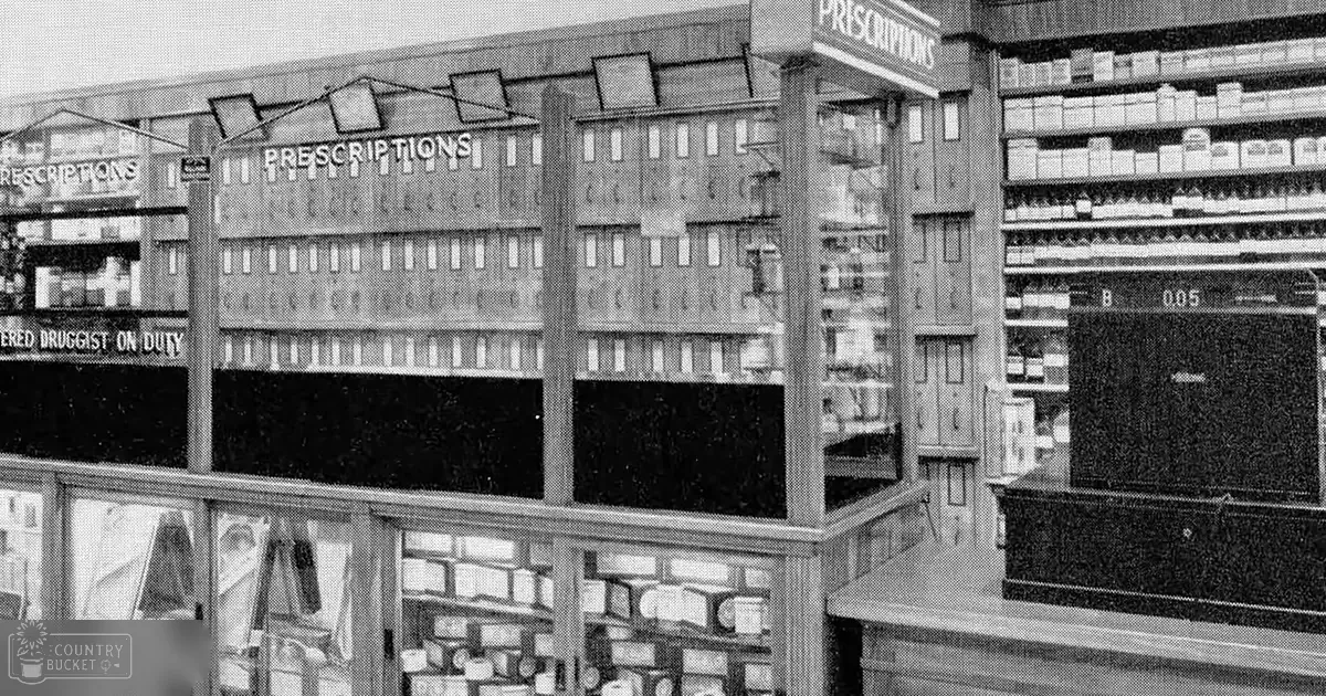 Vintage pharmacy interior with shelves of medicine bottles and 'Prescriptions' sign, wooden furniture from early 20th century, indoor setting.