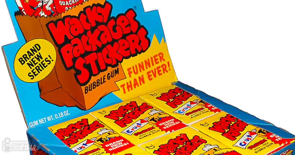 Box of 'Wacky Packages Stickers' bubble gum with bright blue box, yellow stickers, red text, and cartoon characters displayed against a plain white background.