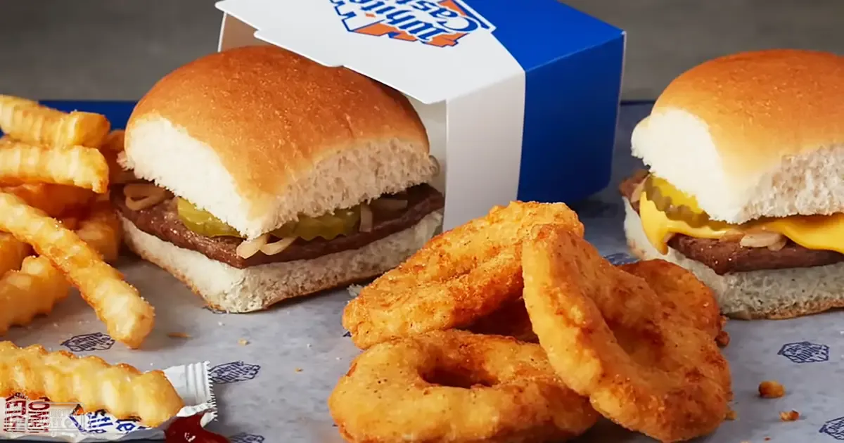 Close-up of two burgers with cheese, pickles, and onions; onion rings and fries on a table at Carl's Jr. restaurant.