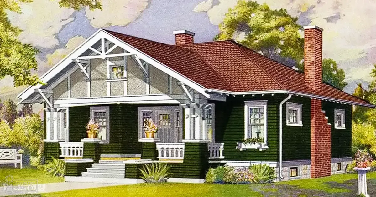 A detailed illustration of a two-story suburban house with green siding, white trim, red brick chimneys, and brown shingled roof, surrounded by well-maintained landscaping in a clear spring or summer day.