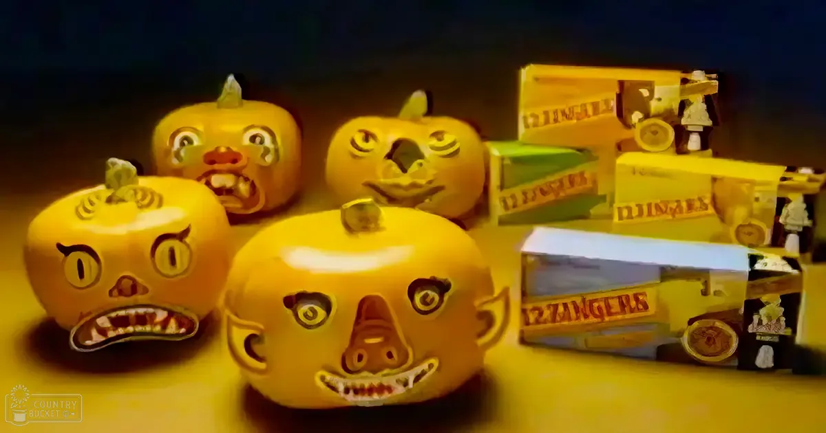 Indoor scene with carved pumpkins, a toy truck labeled '12 Zangers', artificial lighting highlighting glossy pumpkins against dark background.
