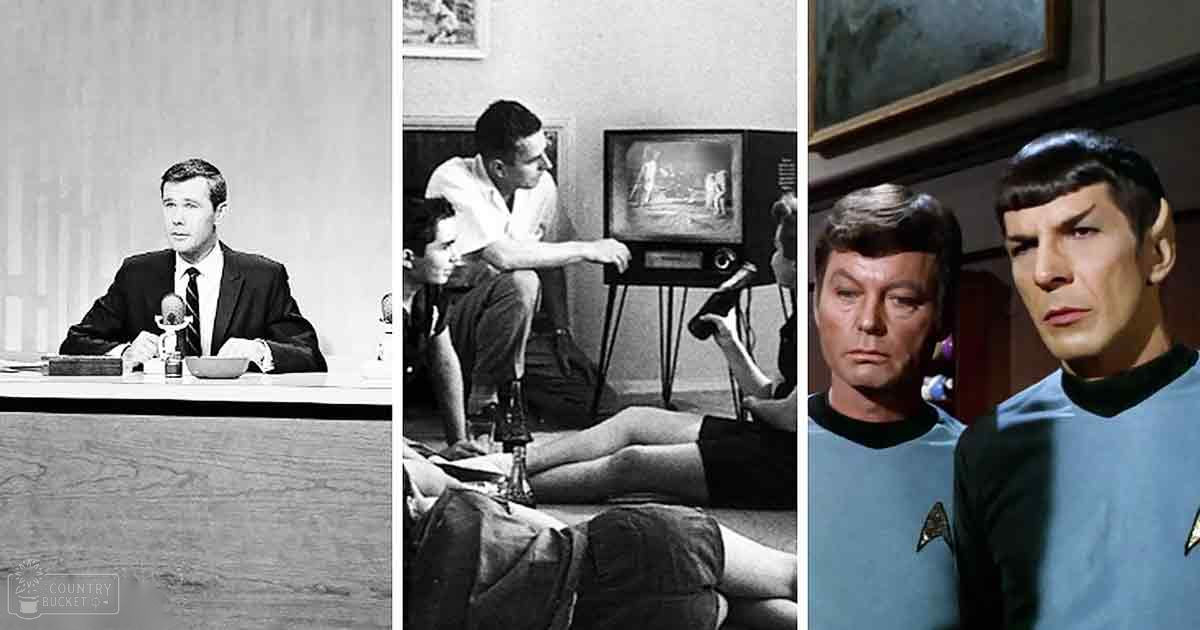 An indoor news broadcast scene from a television show, possibly 'The Twilight Zone,' with adults in studio attire and vintage furniture; the setting includes a wooden desk with a microphone, a vintage television displaying an episode of the show, and a stool.