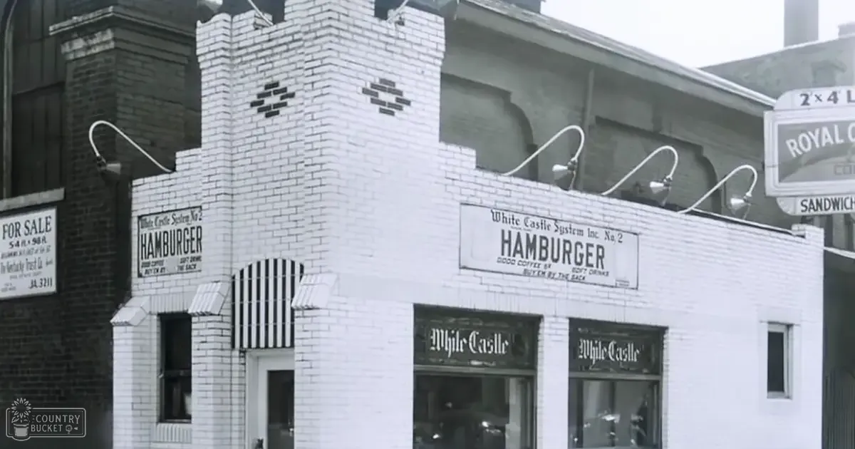 White Castle hamburger restaurant with 'Hamburger' sign, urban setting, daytime lighting, spring or summer season, white brick facade, black awnings.