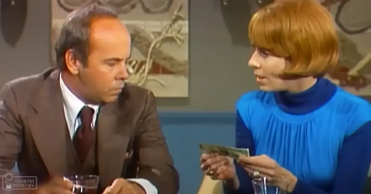 Adult male and female in a mid-20th-century styled indoor setting, wearing formal attire with abstract art-like background elements.
