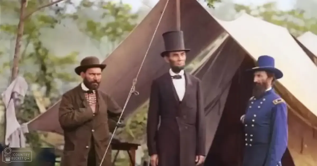 A historical reenactment scene set in a military camp during the American Civil War era, with three adult male soldiers dressed in period-appropriate attire amidst trees and foliage with muted earth tones dominating the setting.