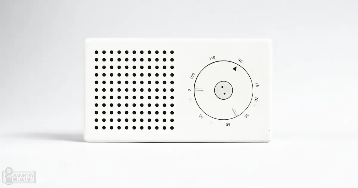 A modern radio with a grid of small holes, circular dial, and numbers in an indoor studio setting.