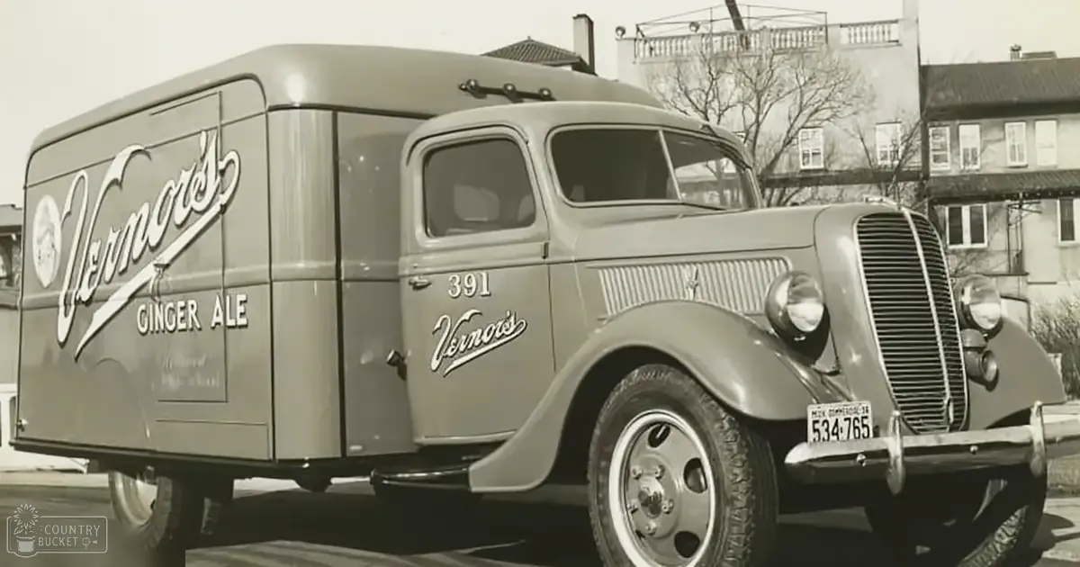 A vintage Vernor's Ginger Ale delivery truck with number '391' in an urban residential setting, likely winter or late fall.