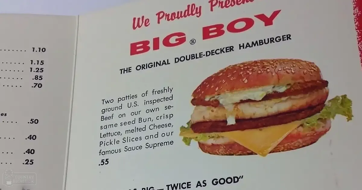 A menu page from Big Boy with 'The Original Double-Decker Hamburger' with detailed ingredients list and price of $0.55, set indoors.