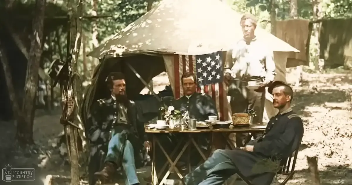 A group of middle-aged adult male soldiers in dark wool uniforms, seated and standing around a tent in an outdoor camp setting with trees and dirt ground;