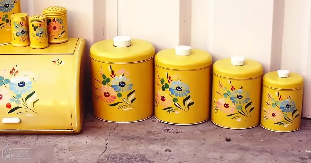 A set of five vintage yellow kitchen canisters with white lids and floral decorations arranged on a concrete surface against an indoor wall.