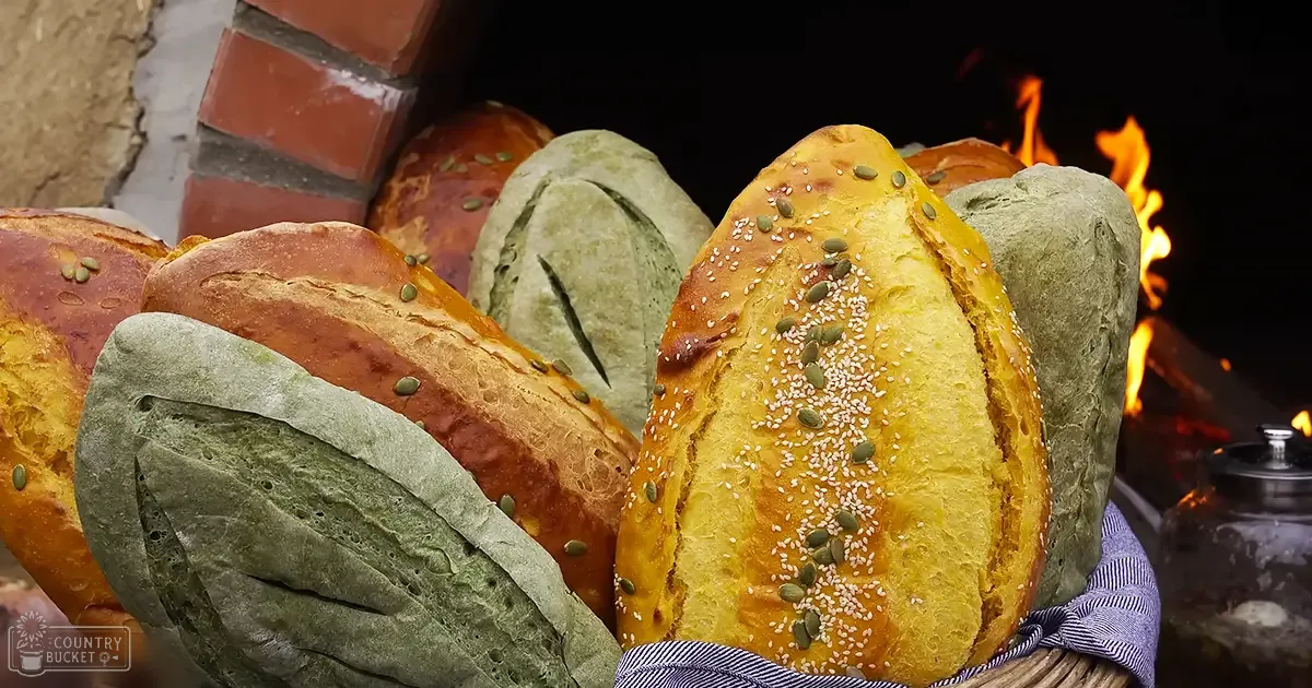 Freshly baked bread with seeds in a rustic kitchen setting at dusk.