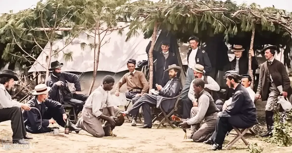 Group of men seated outdoors, possibly during Civil War era; earthy tones dominate natural setting with tent and trees in background; late spring or summer season suggested by foliage and attire;