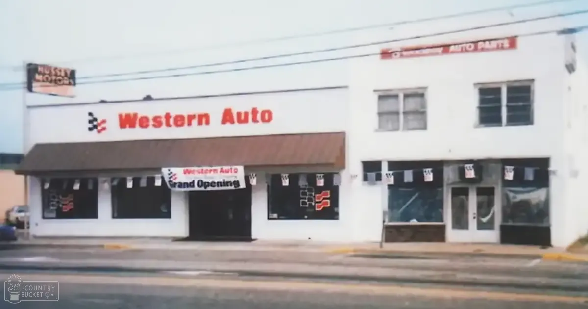 Western Auto Grand Opening sign above urban street with decorative bunting, power lines, and early morning or late afternoon light.