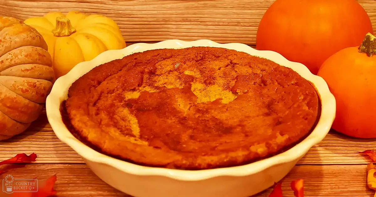 A baked pumpkin dish in a white ceramic dish, surrounded by various pumpkins on a wooden table with autumn leaves around.