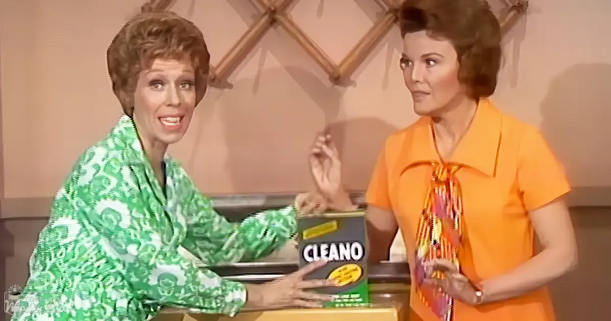 Adult female in a green patterned dress with white floral designs, standing next to another adult female wearing an orange short-sleeved shirt with a striped neck accessory. A box labeled 'CLEANO' is prominently displayed on the counter between them.