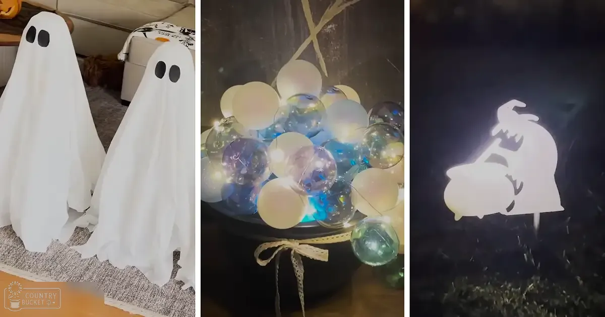 Halloween-themed home decor with ghost figures, glowing ornaments, and a silhouette against a dark background.