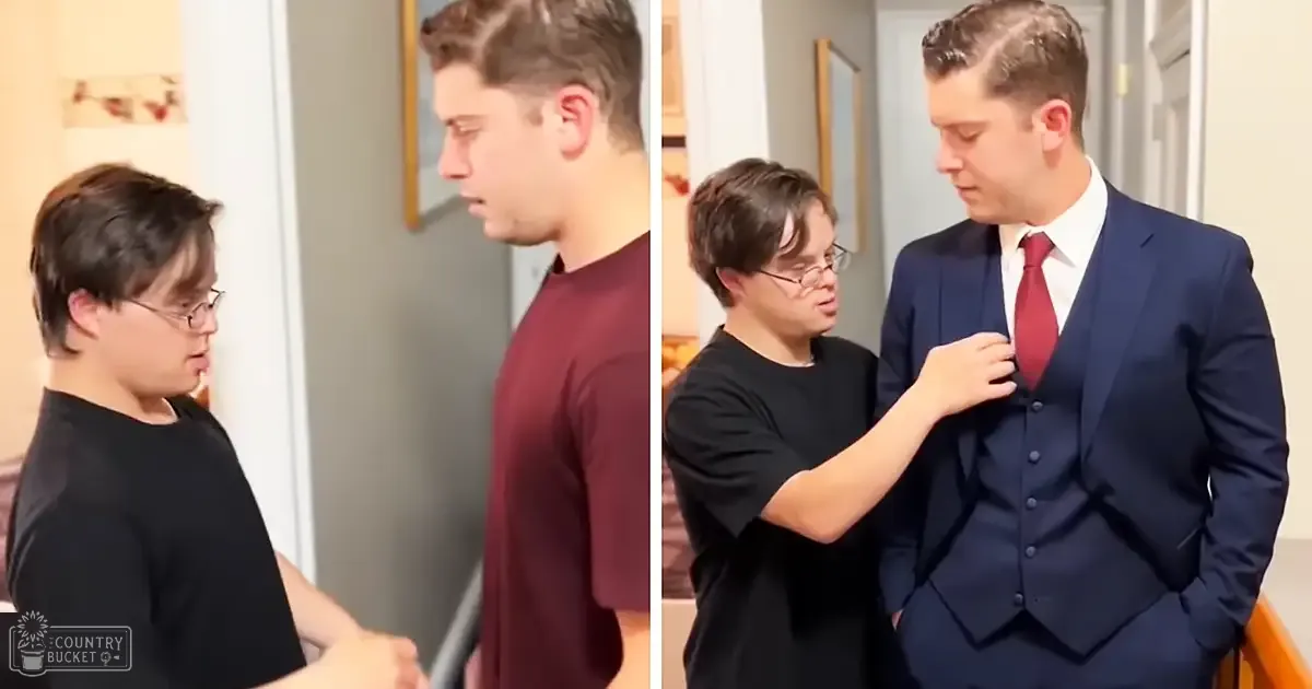 Two young adult males in a residential interior, wearing casual T-shirt and formal suit with red tie respectively.