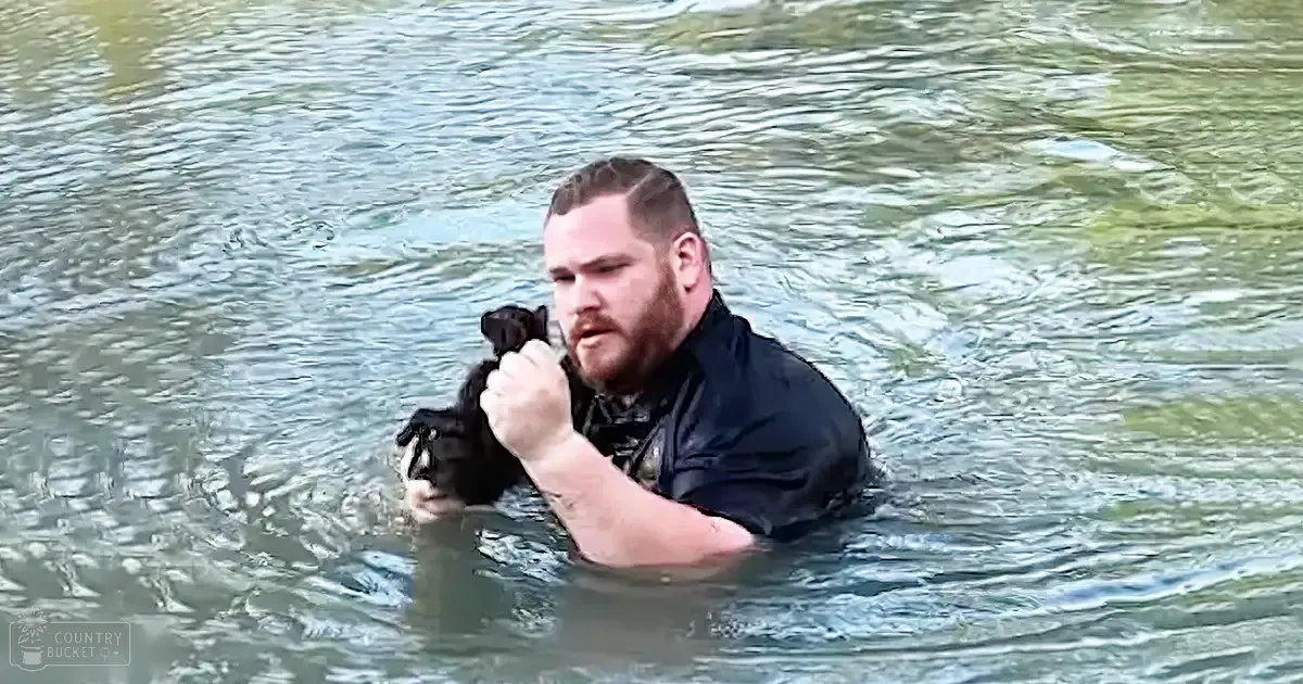 An adult male holds a small dark-furred dog near water, suggesting outdoor recreation in natural daylight.