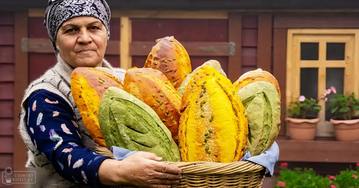 An older adult female holds a basket of freshly baked loaves in front of her home with potted flowers on the porch, suggesting spring or summer.