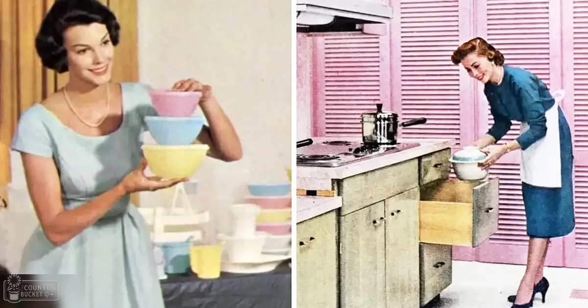 An adult female in a light blue dress and pearl necklace stands beside an adult female wearing a dark blue dress with an apron and high-heeled shoes in a kitchen setting, surrounded by colorful bowls and kitchen appliances.
