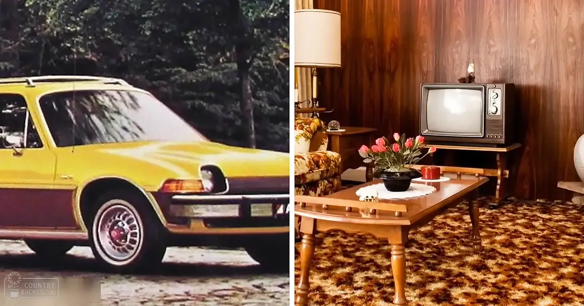 Vintage station wagon with chrome wheels in forested area; living room scene with vintage television set on wooden stand, floral-patterned armchair, coffee table with pink flowers and decorative items, wood-paneled walls, patterned carpet, floor lamp, daytime or early evening lighting