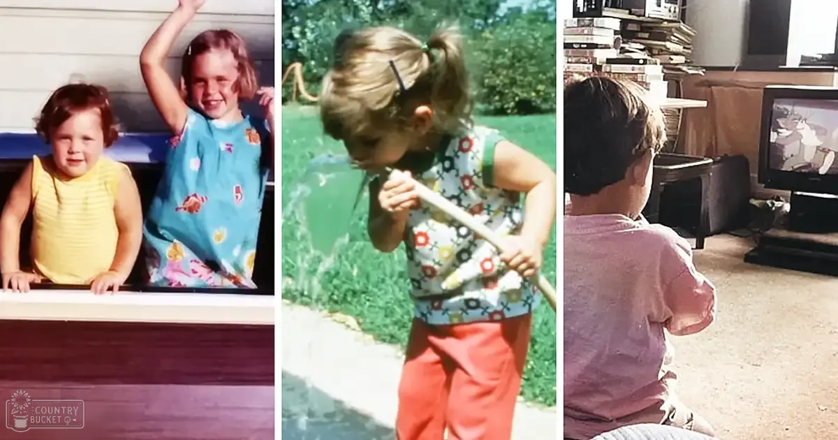 A young child playing with a stick outdoors on a wooden structure; a toddler in a floral top and red pants holding a stick in an outdoor setting with greenery, and another scene of a child wearing a purple shirt and light-colored pants interacting indoors near a retro TV stand.