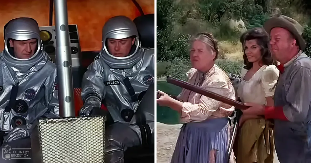 Astronauts in silver NASA space suits within an orange spacecraft interior contrast with a historical drama scene with characters dressed in period attire outdoors.