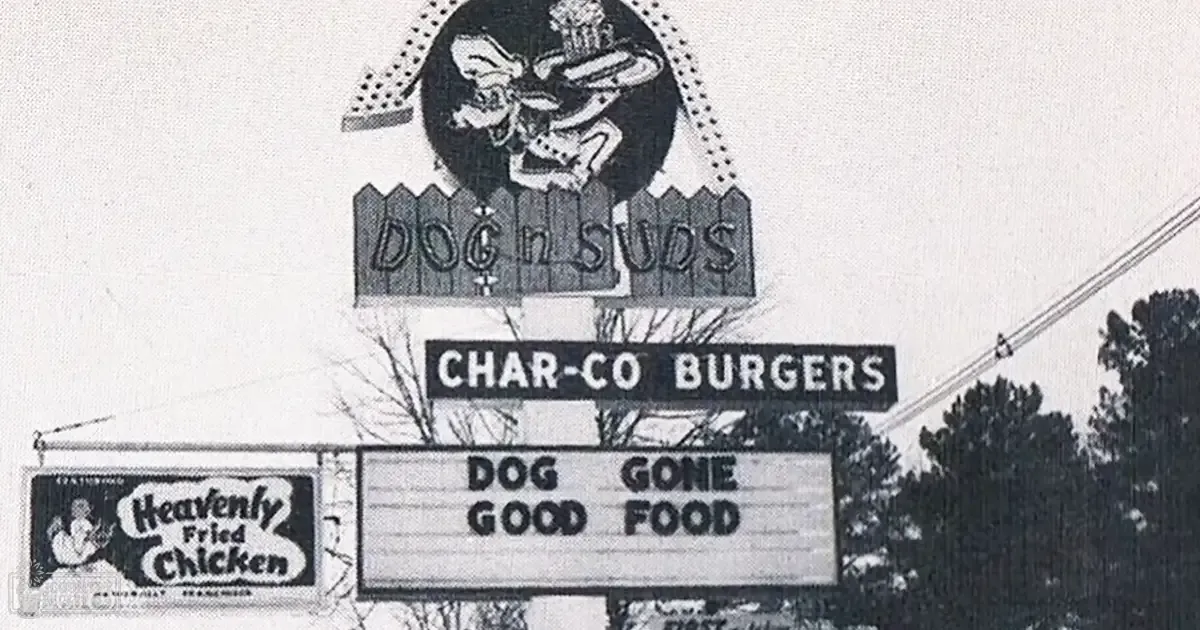 Dog n Suds restaurant sign advertising burgers, fried chicken, and a chef illustration in an outdoor winter or early spring setting with bare trees.