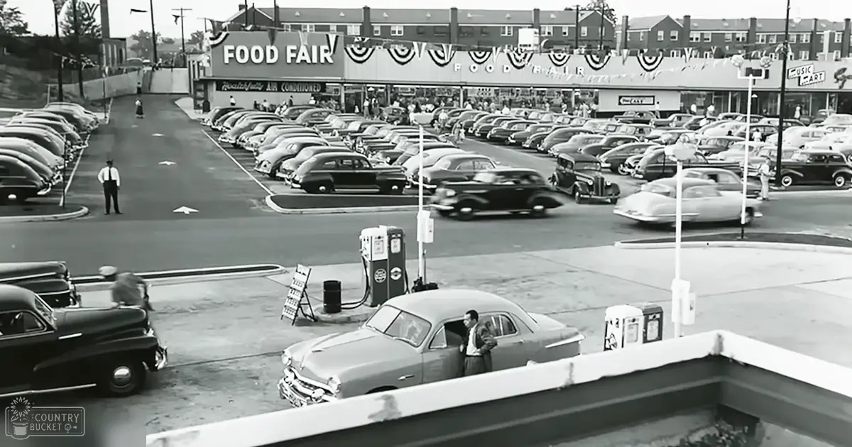 Bustling mid-20th century parking lot outside 'Food Fair' store with vintage cars and gas pumps, urban setting.