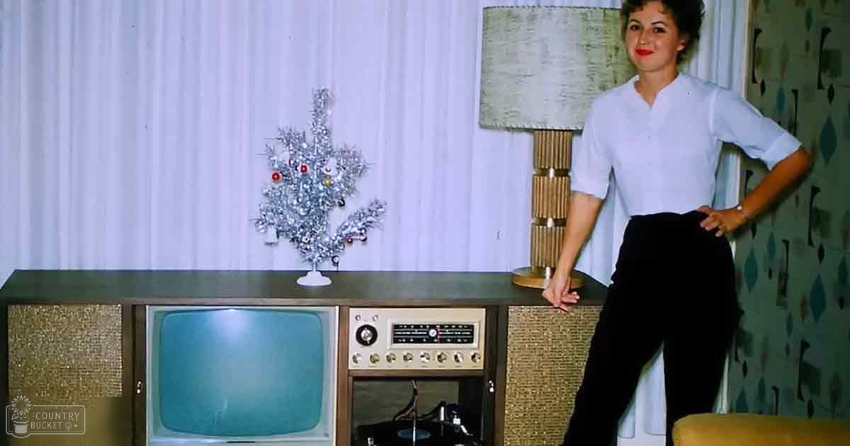 A young adult female in an indoor setting with a vintage television set, artificial Christmas tree, and patterned wallpaper.