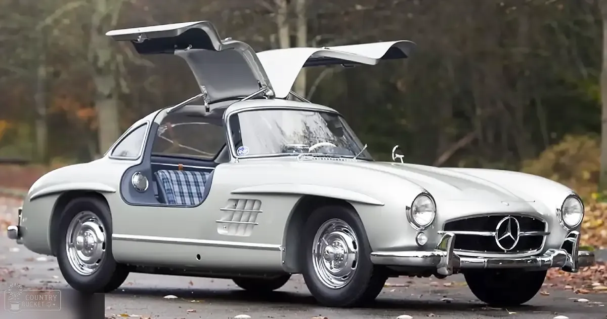 A vintage Mercedes-Benz 300SL Gullwing car with its doors open, parked in a wooded area during autumn with fallen leaves scattered around.