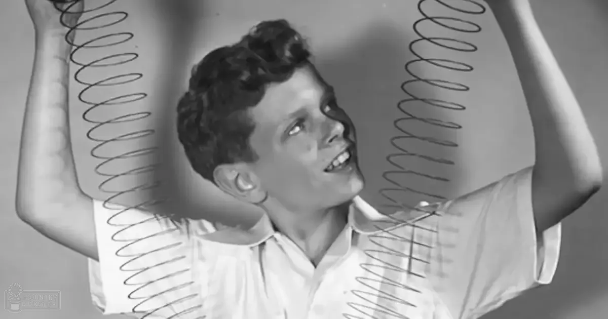 A young adult male in a casual or semi-formal mid-20th-century style shirt holds two large springs, likely part of an advertisement for mattresses. The setting is indoors with neutral-colored walls and daytime lighting.