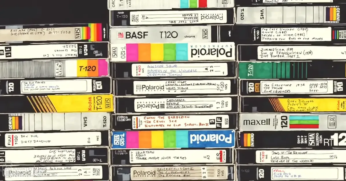 An indoor collection of VHS tapes with colorful titles and labels, stacked against a dark background.