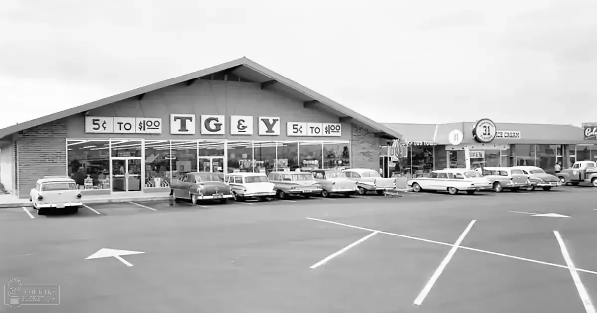 Vintage grocery store named 'TG & Y' in an American suburban area from the mid-20th century; several vintage cars with fins and chrome details are parked, ice cream stand with '31 Flavors' sign visible, overcast sky suggesting late spring or early fall during daytime with diffused sunlight