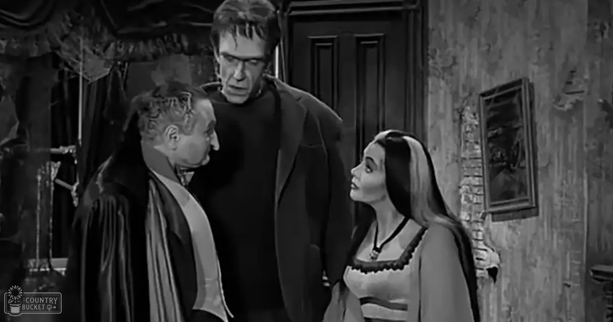 An indoor scene from 'The Munsters' set in their home, with a dimly lit room with peeling wallpaper, wooden furniture, and framed pictures.