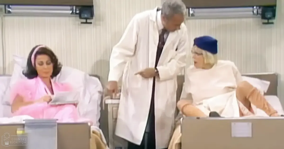 A daytime scene in a hospital room with medical personnel and patients wearing hospital gowns, surrounded by medical equipment.