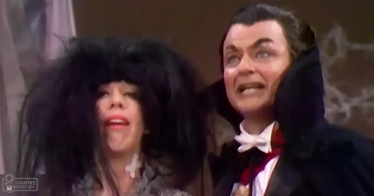 A scene from 'The Addams Family' television series, set indoors with two characters dressed in costumes reflective of the show's era.
