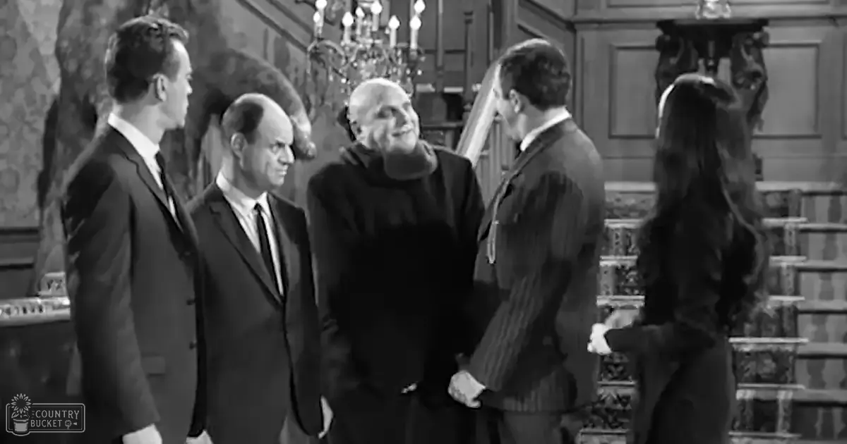 A group of adults dressed formally in dark suits and ties stands indoors with ornate decor, including a chandelier and intricate wallpaper.