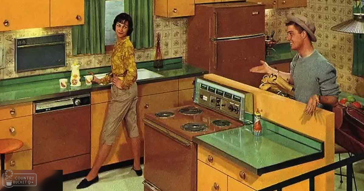 A mid-20th-century kitchen scene with two individuals, with vintage appliances and decor.