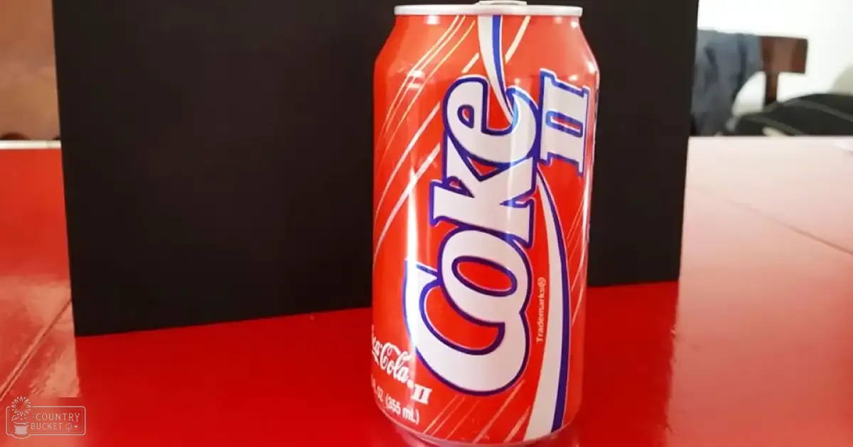 A single can of Coke II soda placed on a red surface with dark background objects, possibly in an indoor living room or kitchen setting.