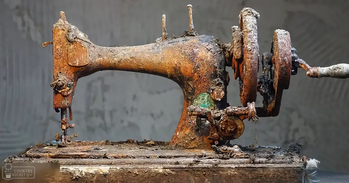 An old, heavily rusted sewing machine sits on a wooden base covered in debris and dirt against a textured wall indoors.
