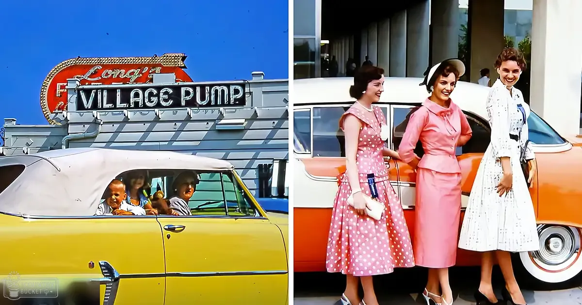 A nostalgic scene at Long's Village Pump in mid-20th century America, with vintage cars and people dressed in period clothing under bright daylight.