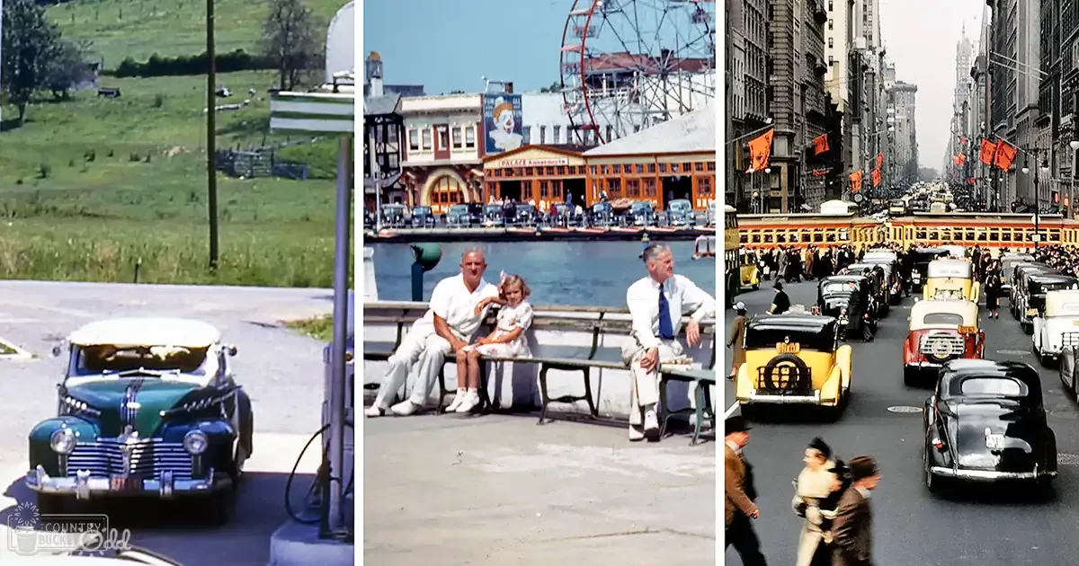 Urban mid-20th century America with a gas station and vintage car, scenes of urban life in the background