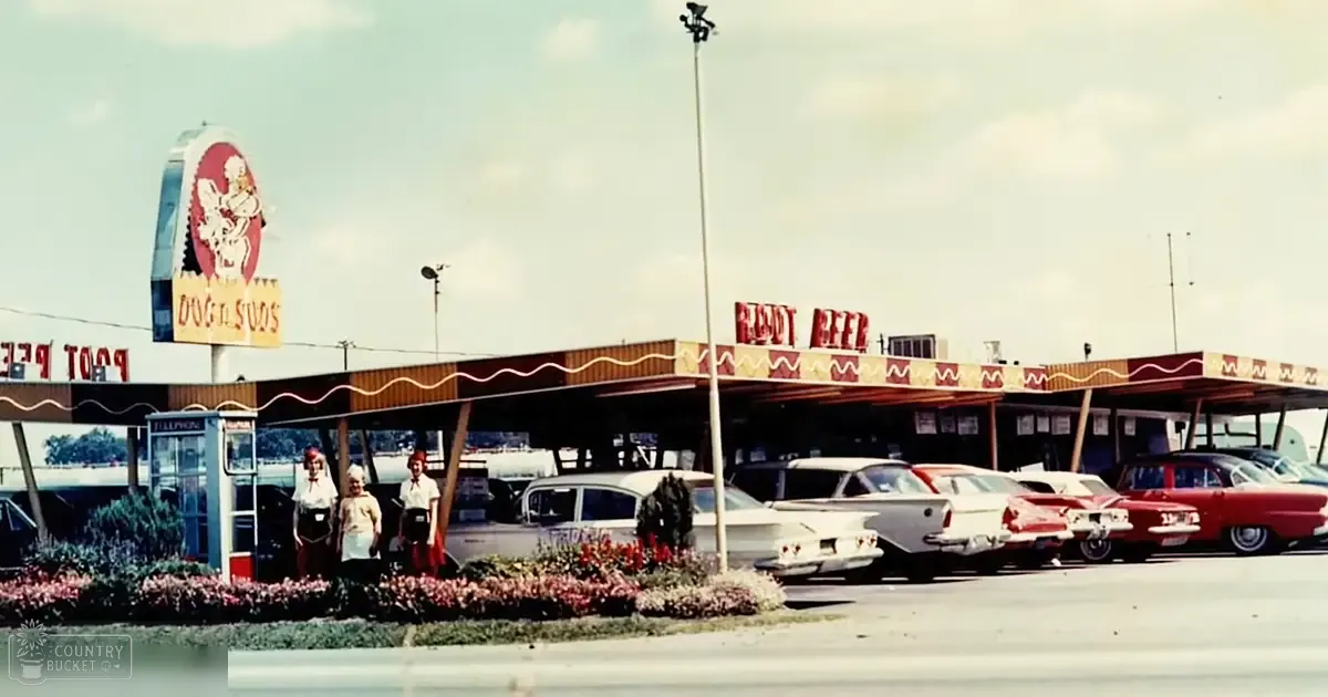 A mid-20th century drive-in restaurant with vintage cars and staff uniforms from the era, set on a sunny day.