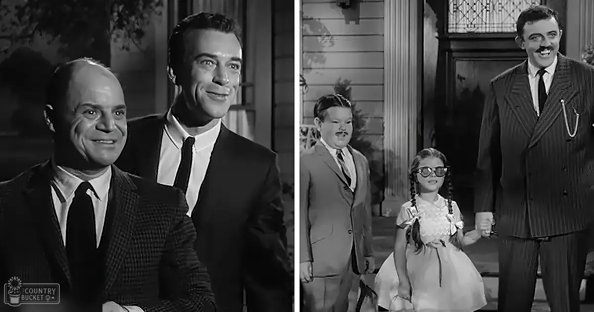 A daytime scene outside a residential home with parts of siding visible; includes older adults in formal attire on the left panel and a child in a light-colored dress with ruffles on the right.
